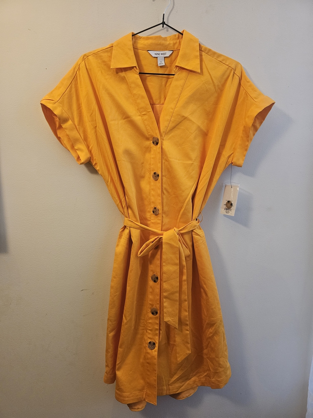Nine West Bright Yellow Button-Front Tie-Waist Shirt Dress